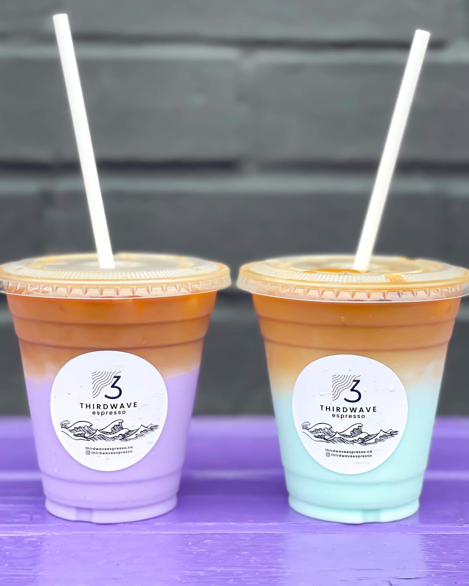 Third wave espresso purple and blue iced lattes