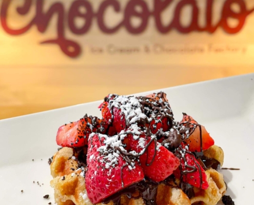 Waffle topped with chocolate syrup, strawberries and powdered sugar