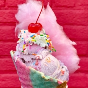 dutch dreams unicorn ice sundae with sprinkles, cotton candy and cherry on top
