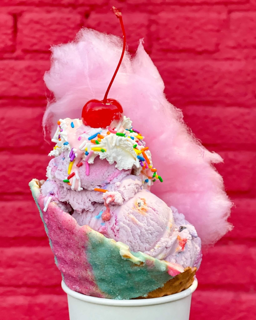 dutch dreams unicorn ice sundae with sprinkles, cotton candy and cherry on top