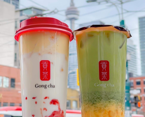 Bubble tea from Gong Cha in front of CN Tower in Toronto