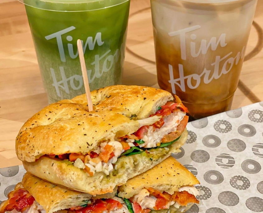 Tim Hortons premium turkey avocado sandwich and iced matcha and cold brew drinks