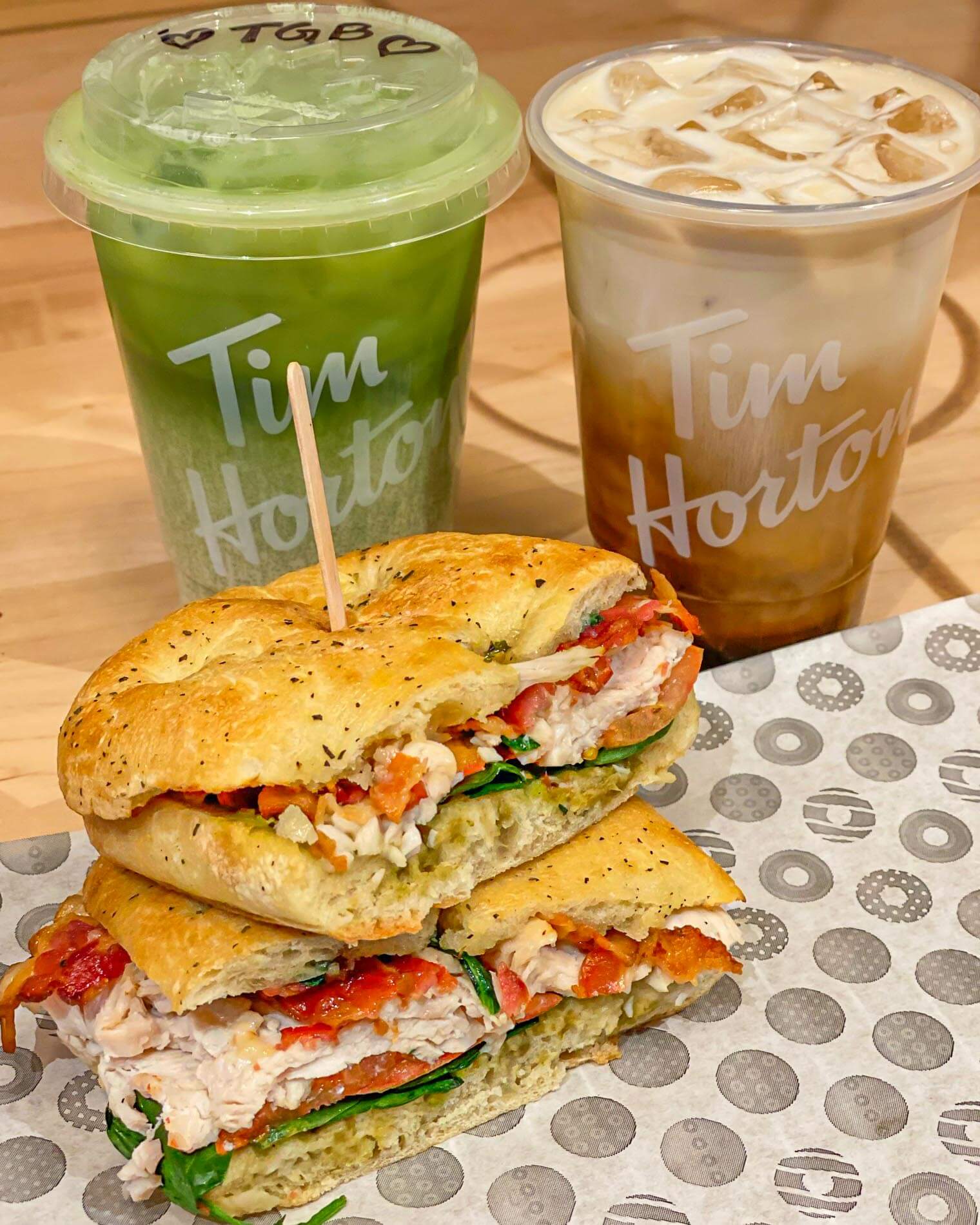 Tim Hortons premium turkey avocado sandwich and iced matcha and cold brew drinks