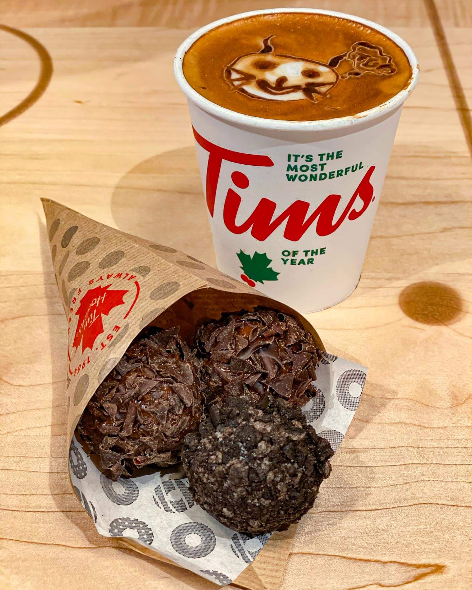 Tim Hortons new dream timbits and latte with latte art