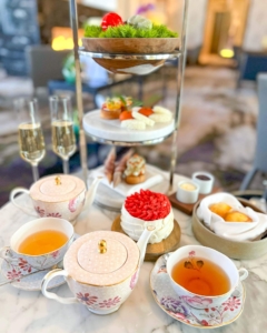 Shangri-La Toronto Afternoon Tea at the Lobby Lounge tray, tea, champagne and dessert